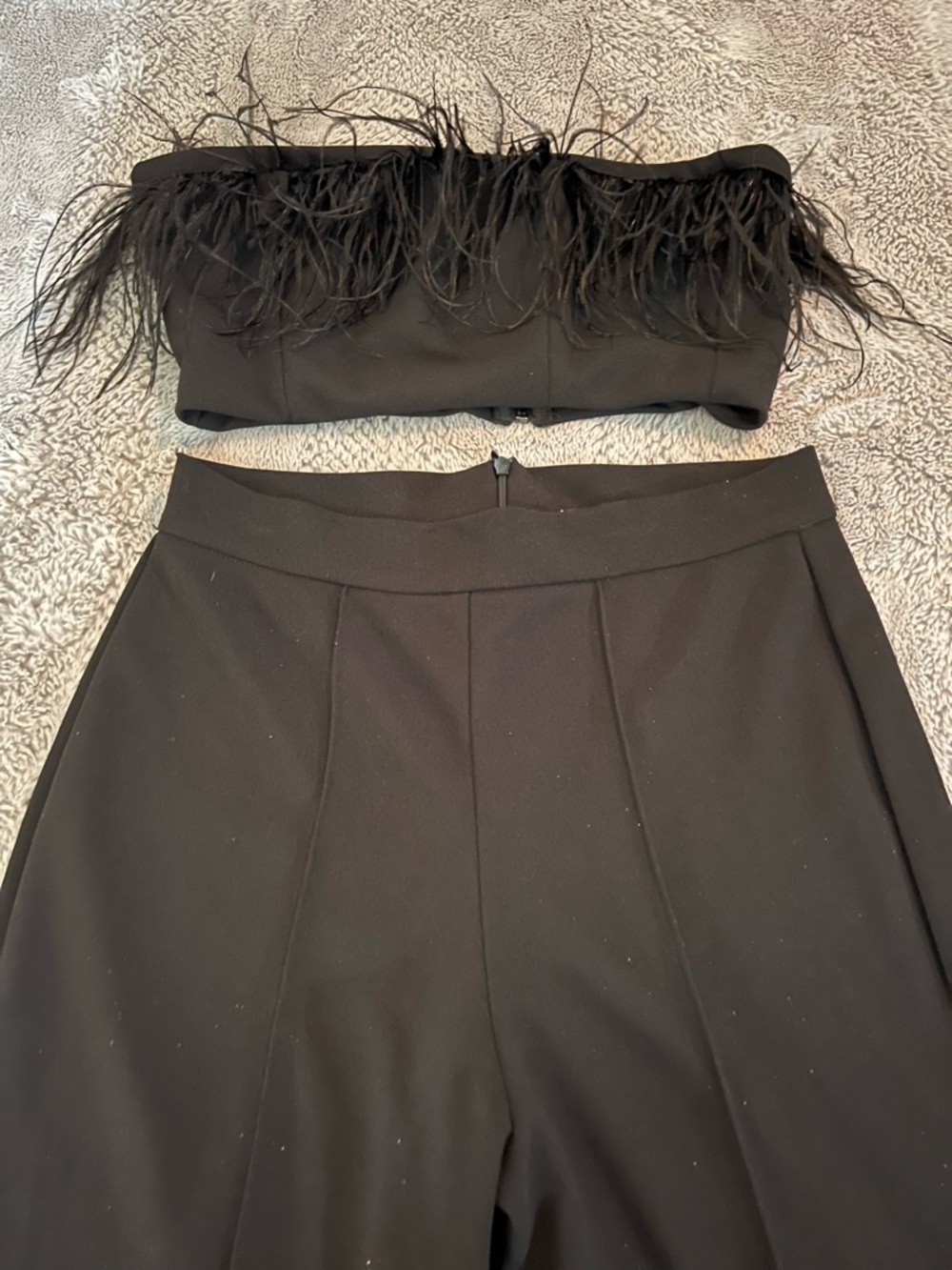 Impressions Black Feather-Trim Strapless Crop Top & Flare Pants Set